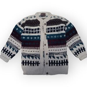 80s Rey Wear Cream and Blue Nordic Patterned Thick Knit Cardigan - L